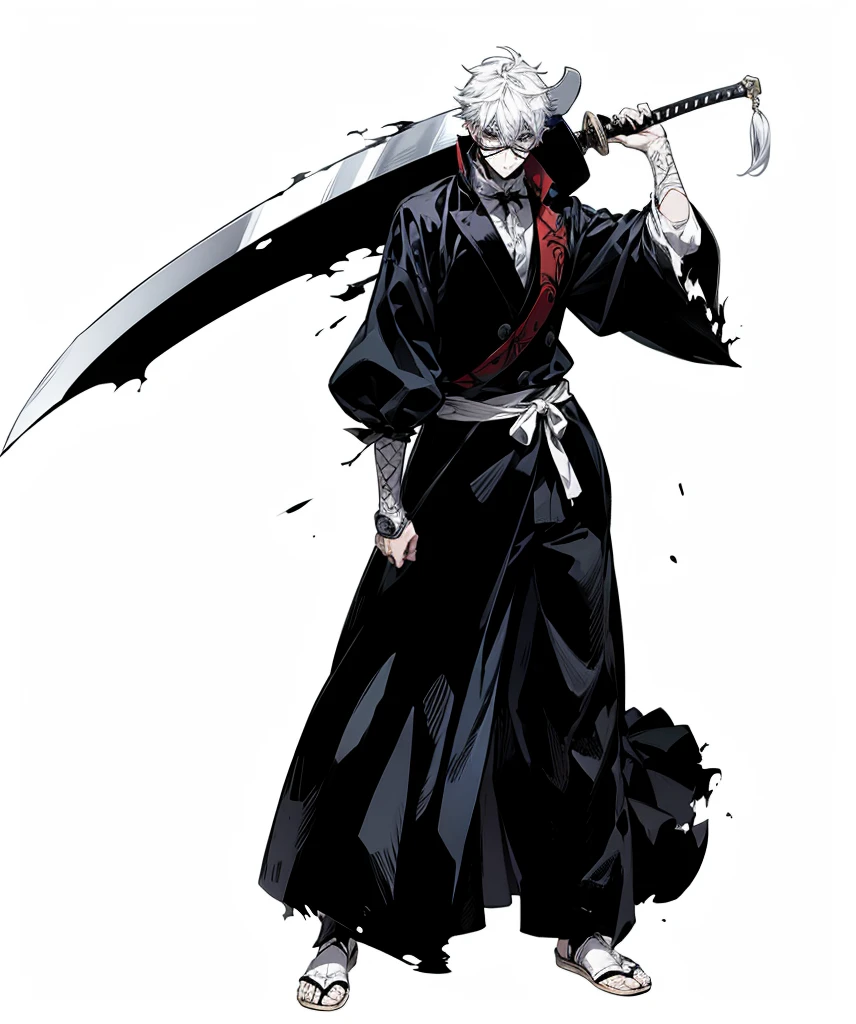In Yusuke Murata style, Hold the pose, but draw with flat colors, cel shading, limited color palette and simplified lighting. Draw for me, um shinigami, with a sword, He wears a white mask with a drawing of a grim reaper, in the middle of his chest there is a hole, your skin is white your clothes are old and torn.