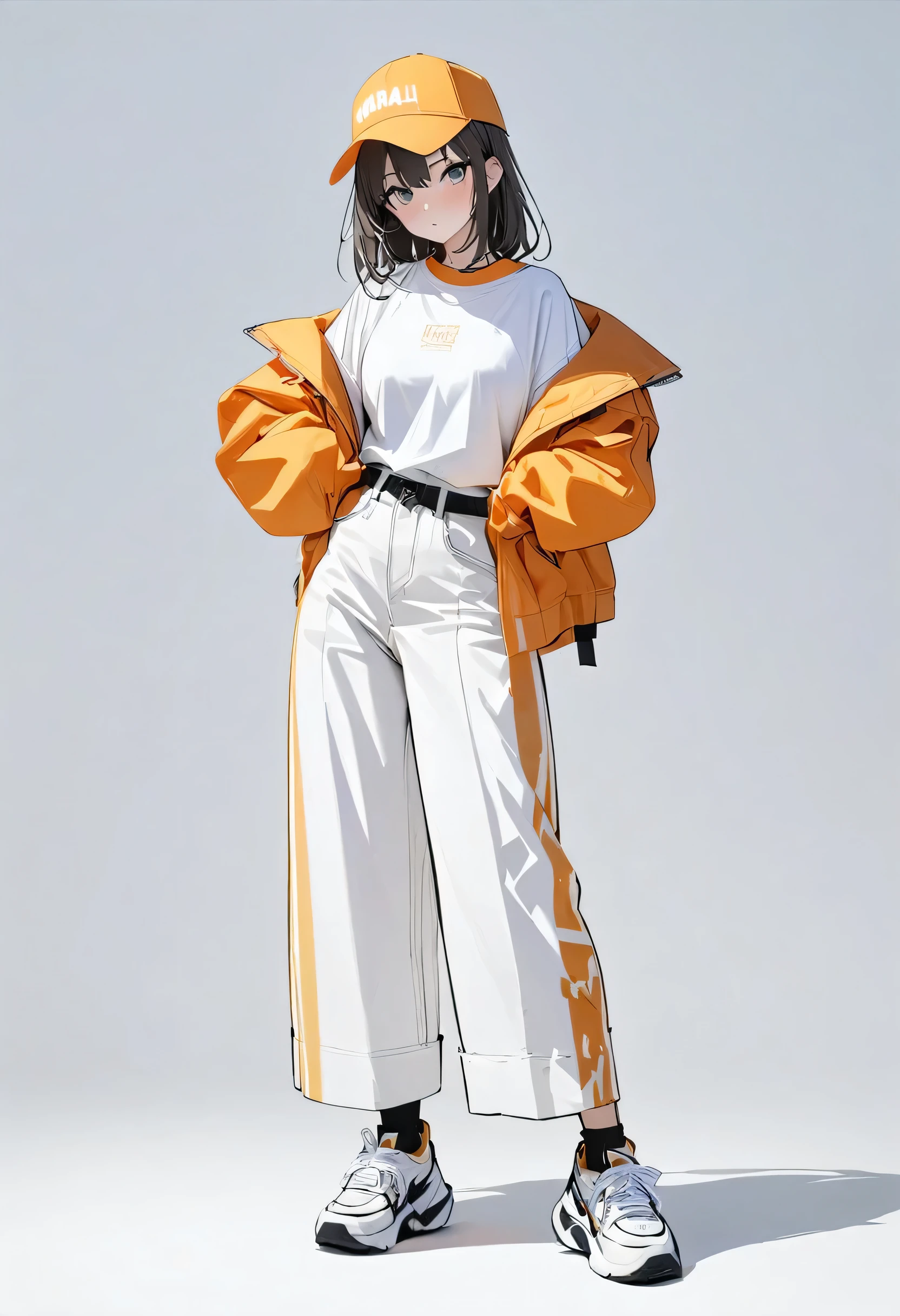 (masterpiece、Highest quality:1.2、8K)、Only one girl in the center、Street Shirts、Wide-leg trousers、Simple sneakers、whole body、Simple Background、White background、