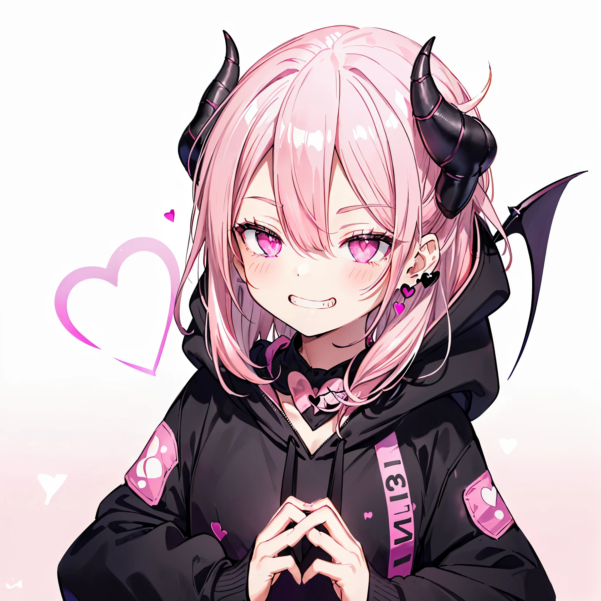 ((((Jagged　Open your mouth　Grin　Pink Background　shining heart))))　(((Black hoodie　Wearing a hood　Demon Horns　Heart Iris　Close-up　Pink Hair　Long Hair　Making a heart with both hands)))　((Shiny earrings　Small black ribbon))　Shining Edge　Shining Background