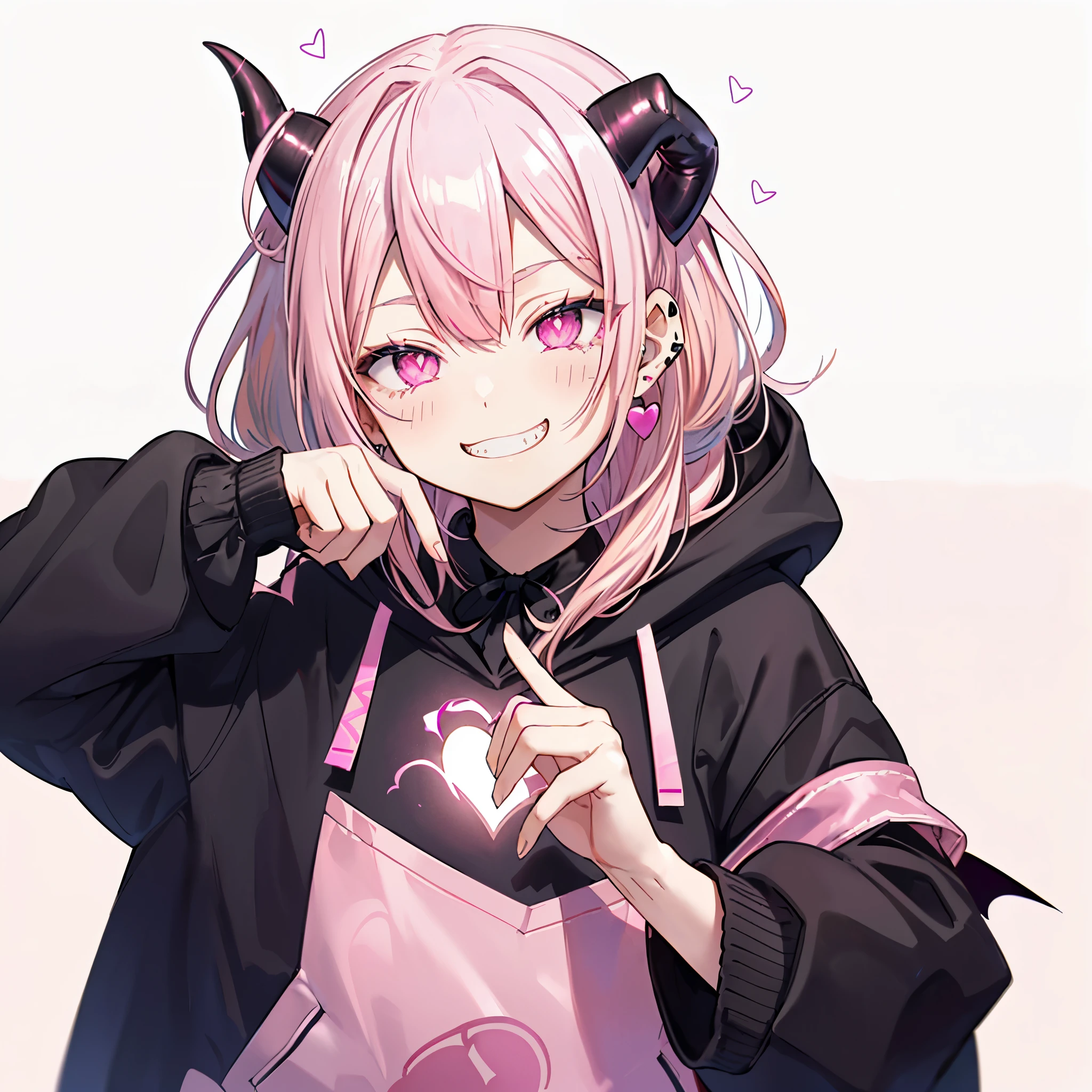 ((((Jagged　Open your mouth　Grin　Pink Background　shining heart))))　(((Black hoodie　Wearing a hood　Demon Horns　Heart Iris　Close-up　Pink Hair　Long Hair　Making a heart with both hands)))　((Shiny earrings　Small black ribbon))　Shining Edge　Shining Background