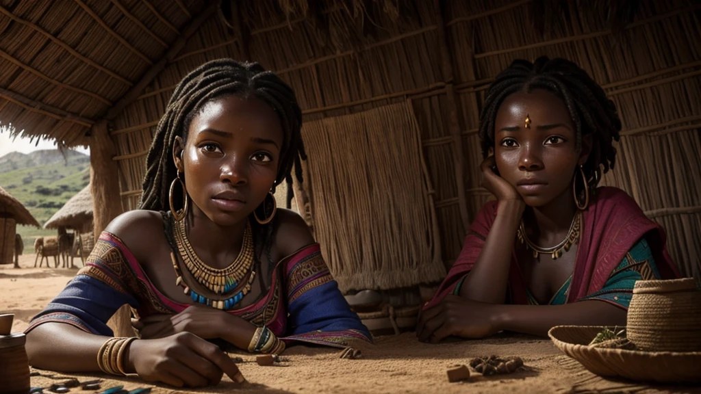 Render a close-up of Young african woman's face, tears welling up in her eyes as she watches over her mother. The background shows the humble interior of their hut, with traditional decorations and herbal remedies on a small table.
