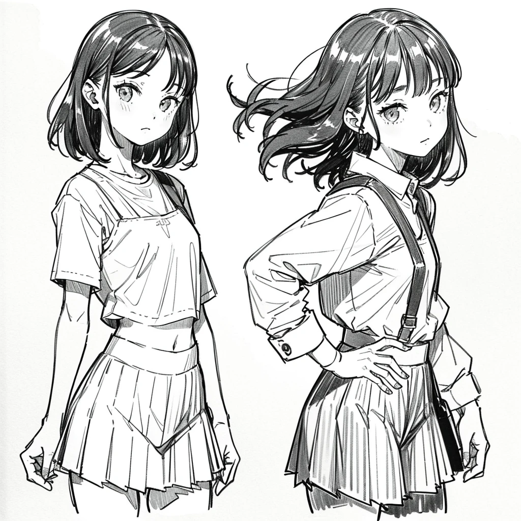 One Girl,Line art,Monochrome,sketch,Pencil drawing,Traditional Media,One Girl, skirt,Cute Girls, ,Beautiful portrait、Delicate body、Black Hair、Black Hair,landscape,Black and White,Dynamic pose,