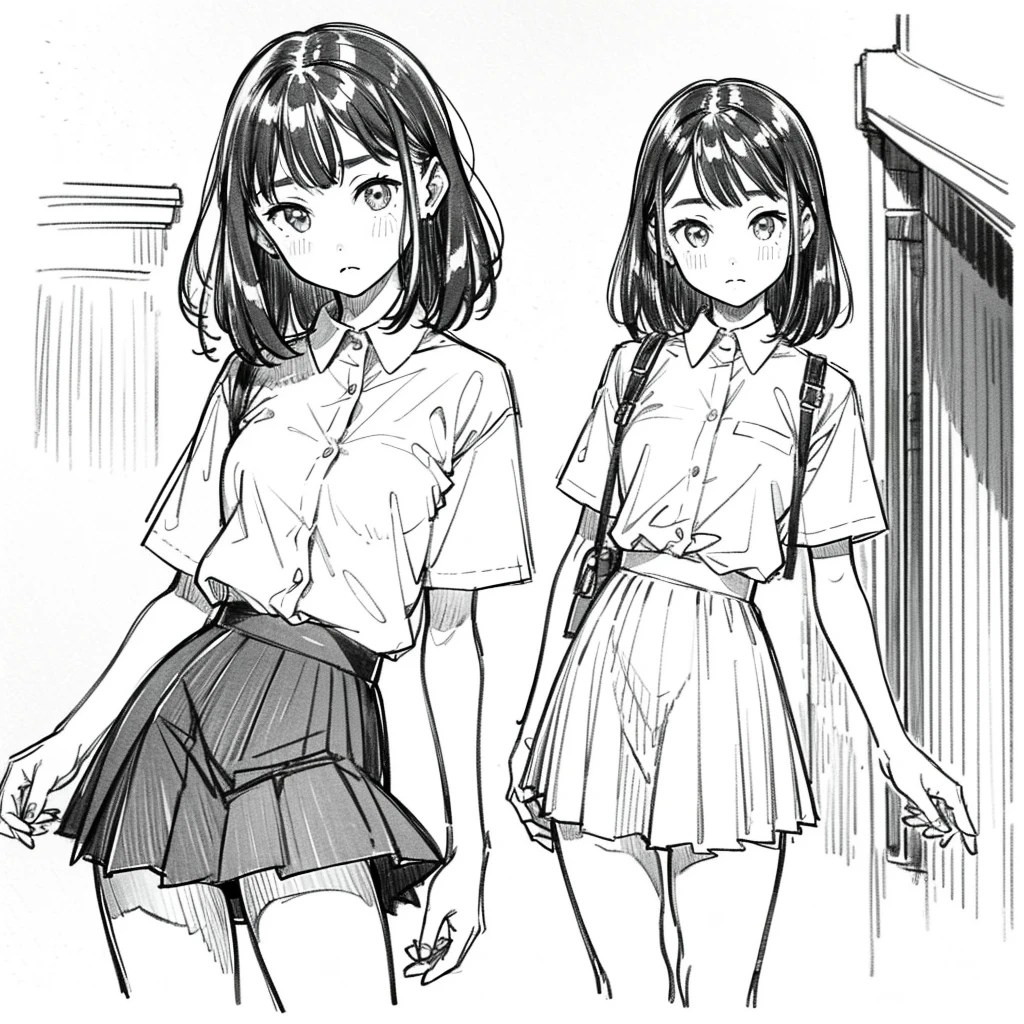 One Girl,Line art,Monochrome,sketch,Pencil drawing,Traditional Media,One Girl, skirt,Cute age Girls, ,Beautiful portrait、Delicate body、Black Hair、Black Hair,landscape,Black and White