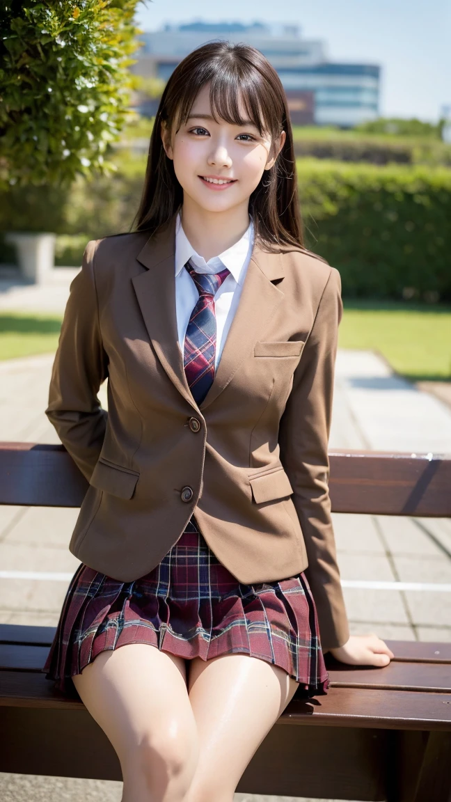 (8K), (Highest quality: 1.2), (Realistic), (Realistic: 1.37), Ultra-high resolution, 1 Girl, cute, smile,blue eyes, Mouth closed, Beautiful details, Beautiful Nose, Wet Hair, Giant Dulcefo, pork, Thighs，Self Snap,University Uniforms,sunny day,I can see the ocean in the distance,sitting on a park bench,Downward,(A simple light brown blazer),(Dark brown pleated skirt),Dark red bow tie,(The skirt and tie are tartan checked.....:1.3),Thighs,Thighsにクローズアップ,Young and cute gravure idol