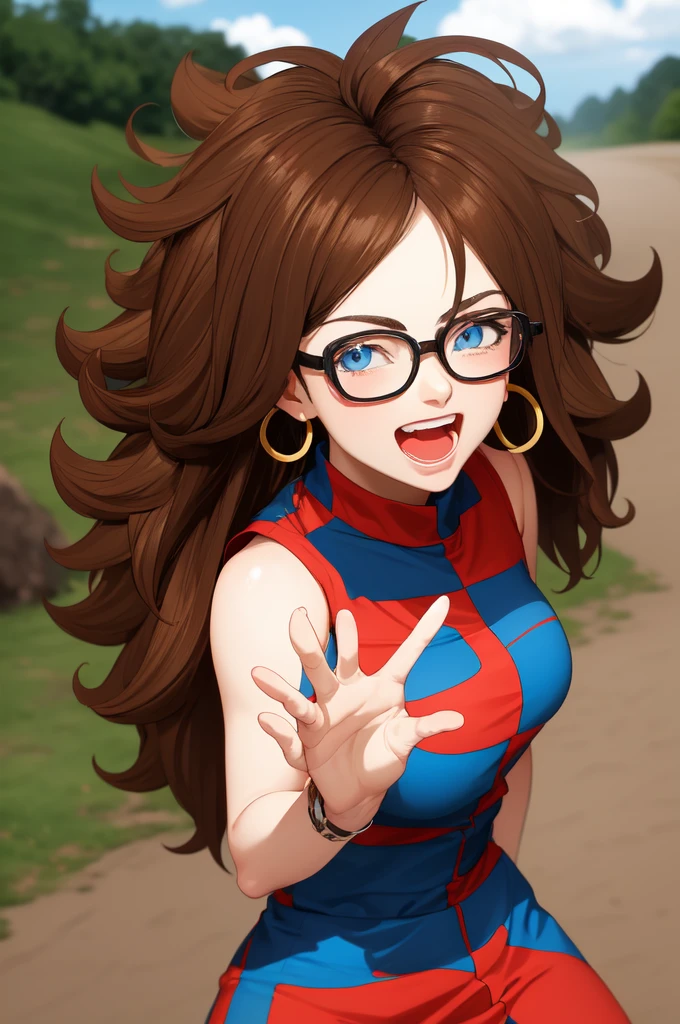 masterpiece, best quality, highres, aaandro, brown hair, long hair, curly hair, blue eyes, hoop earrings, two-tone dress, checkered dress, sleeveless, black pantyhose, dragon ball, outdoors, waving, smile, open mouth, glasses 