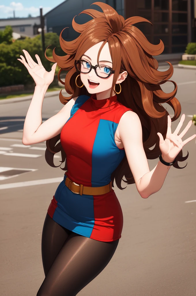 masterpiece, best quality, highres, aaandro, brown hair, long hair, curly hair, blue eyes, hoop earrings, two-tone dress, checkered dress, sleeveless, black pantyhose, dragon ball, outdoors, waving, smile, open mouth, glasses 