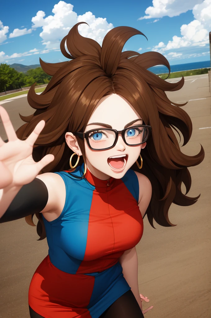 masterpiece, best quality, highres, aaandro, brown hair, long hair, curly hair, blue eyes, hoop earrings, two-tone dress, checkered dress, sleeveless, black pantyhose, dragon ball, outdoors, waving, smile, open mouth, glasses 