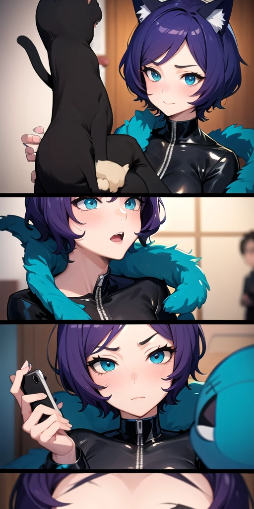 Close-up：A man and a cat using mobile phones, anime Catwoman, cute anime Catwoman, beautiful anime Catwoman, Anime girl with teal hair, Hatsune Miku short hair, Catwoman, Anime girl with cat ears, Female furry mini cute style, Catwoman, attractive Catwoman, Anime cat, Micudayo, very beautiful anime Catwoman