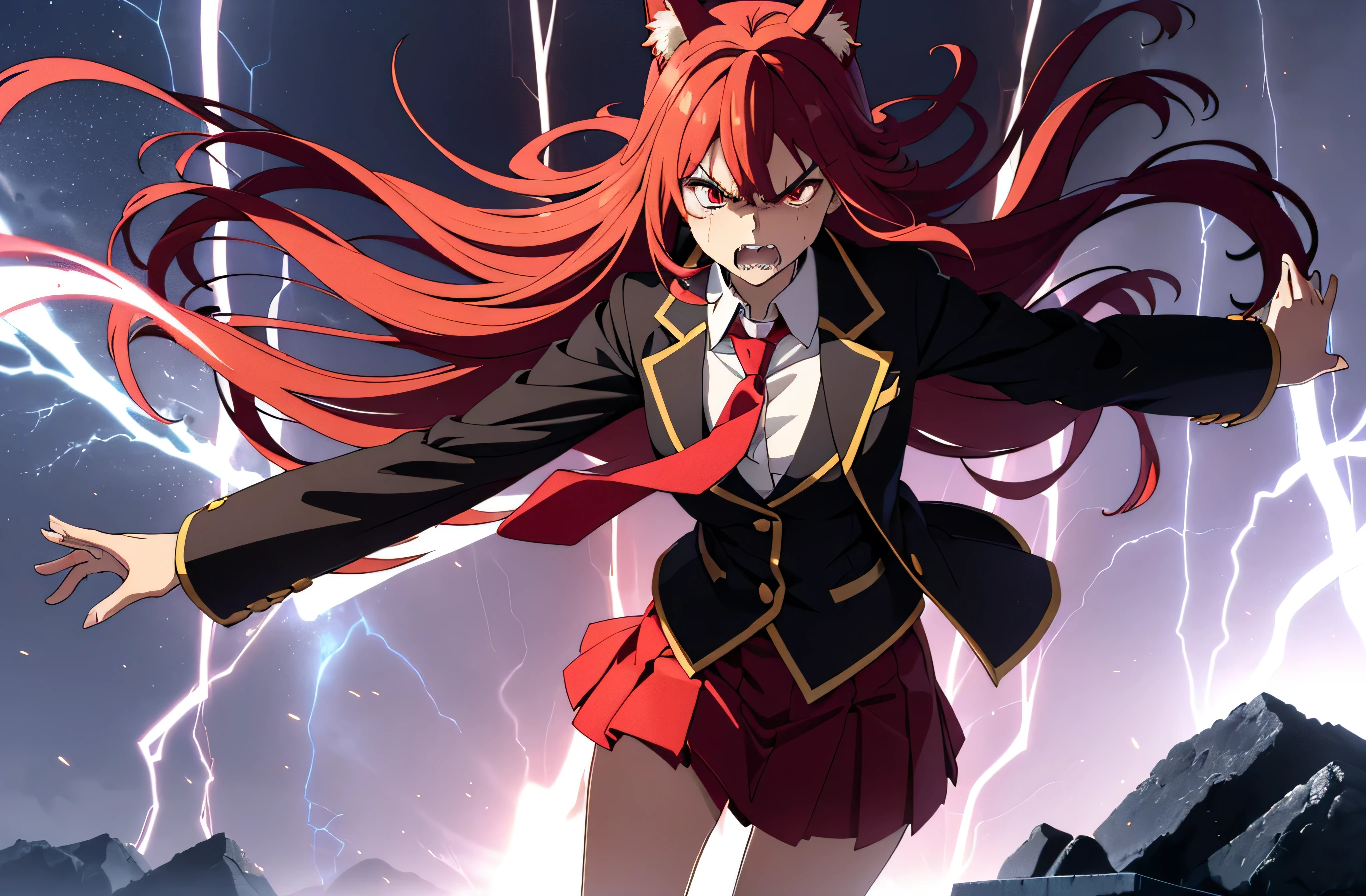 ((beautiful face)),1girl ,20s,mature female,solo,(red hair),long hair,red eyes,fox ears.serious,necktie,black jacket, blazer,long sleeves,pleated skirt,hair between eyes, wide shot, (Super big lightning shines:1.2)、A huge lightning strikes behind,Wind, Ephemeral,Dramatic,(Stand with your legs spread、Spread his hands with goo and very angry:1.4)