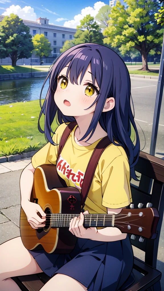 ((Highest quality)), ((masterpiece)), (detailed), A street musician girl sits on the grass on the river bank, looking up at the sky and singing while playing an acoustic guitar.、Cool revolution yellow baseball shirt、