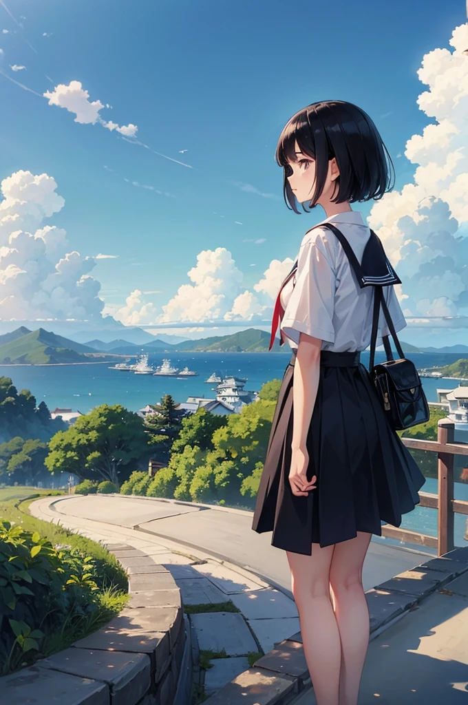((Highest quality)), ((masterpiece)), (detailed), One girl,Black Hair，short hair，Japanese Sailor Suit，blue sky，cumulonimbus，Back view，Gazing into the distance、Japanese countryside、A slope with a view of the sea、Anime Style