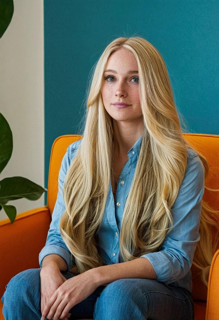 The special delivery 🚚, long blonde hair sitting on a piece of furniture