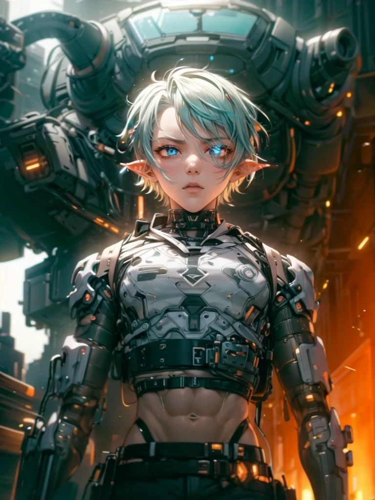 Femboy, cyberpunk style, blue hair, blue eyes, 1boy, elf ears, without , six pack abs, cute face