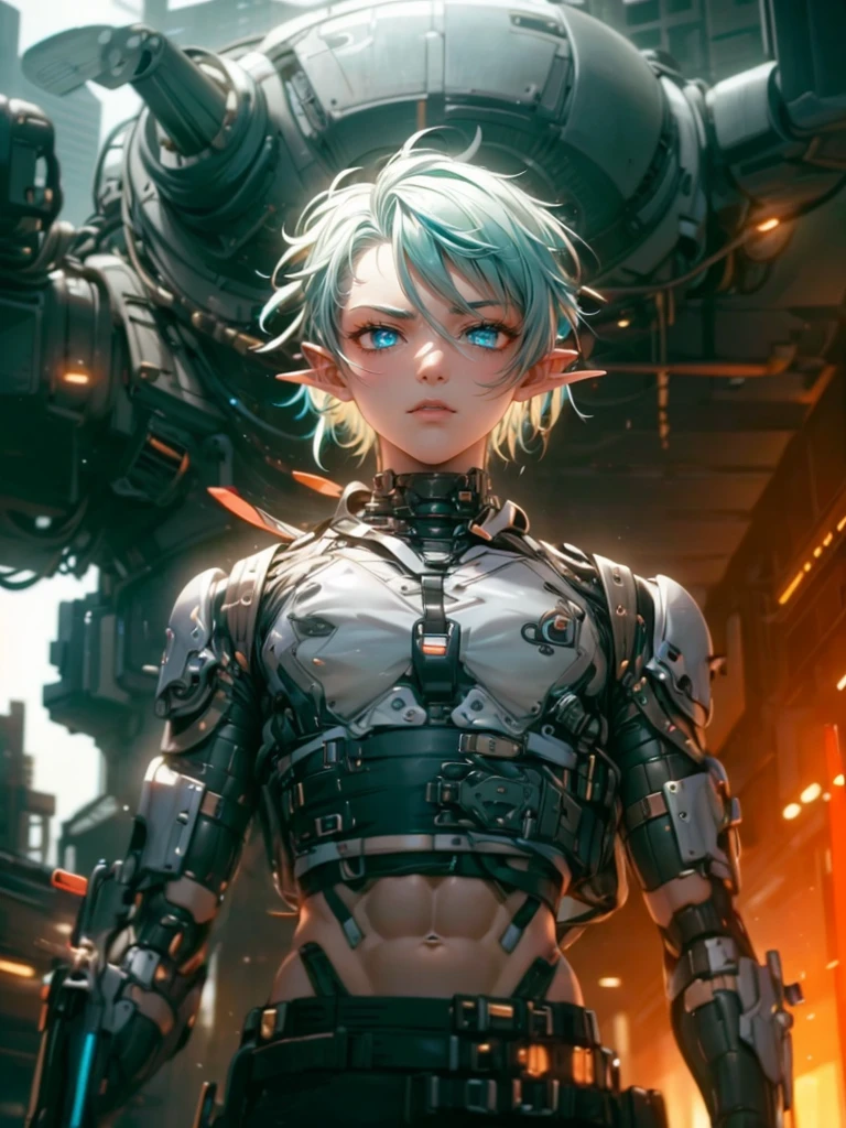 Femboy, cyberpunk style, blue hair, blue eyes, 1boy, elf ears, without , six pack abs, cute face