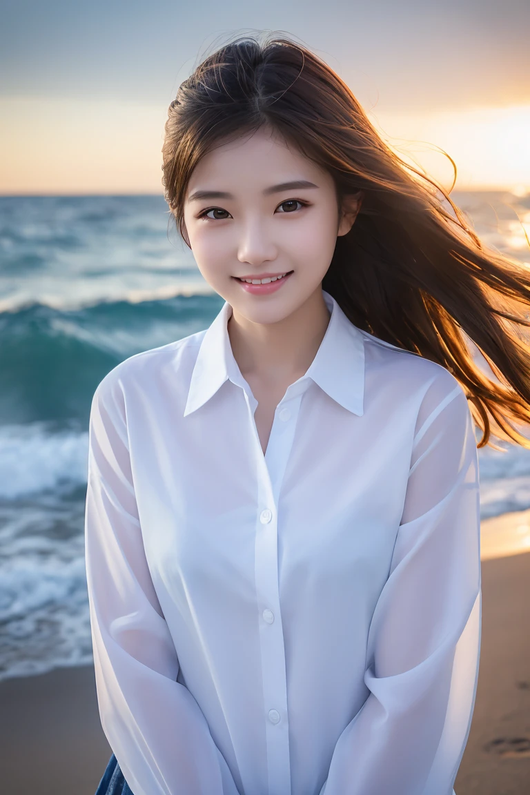 Tabletop、(Highest quality、4K、8K、High resolution、Masterpiece: 1.2)、Super detailed、(Real、Photorealistic、Photorealistic: 1.37)、Full Body Shot、Complex and beautiful eyes、woman、long hair、Natural color lip、whiteTshirt、Bold and sexy pose、smile、Ocean、 year old girl、A cute and sexy shot looking straight at the camera。
