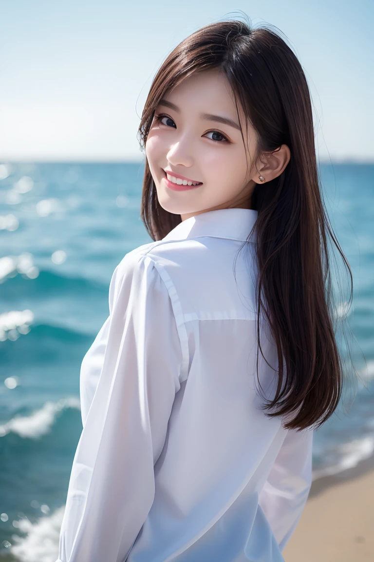 Tabletop、(Highest quality、4K、8K、High resolution、Masterpiece: 1.2)、Super detailed、(Real、Photorealistic、Photorealistic: 1.37)、Full Body Shot、Complex and beautiful eyes、woman、long hair、Natural color lip、whiteTshirt、Bold and sexy pose、smile、Ocean、20 year old girl、A cute and sexy shot looking straight at the camera。