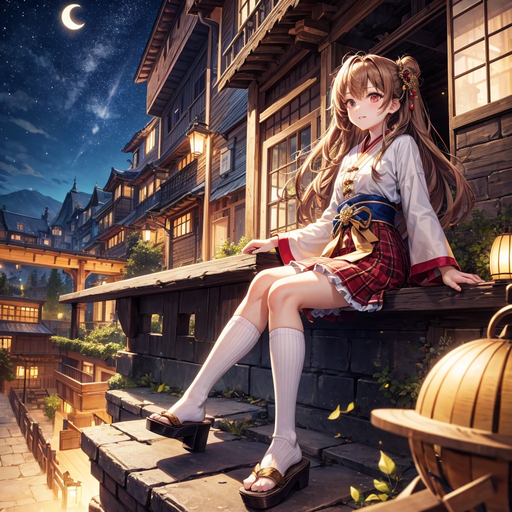 Brown and gold hair、Red gold eyes、Hair tied up、One good looking girl、solo、anime、Checkered mini skirt、Ruffles on the skirt、Checked dress、blouse、Kimono、button、geta、Black knee-high socks、Ribbon、Ribbon on waist、Teeth are visible、Cobblestones、Starry Sky、Midnight Moon、suspension bridge、Confetti、Brick construction、Uphill、An old castle built on a rocky mountain、The scenery is reflected on the water、Sitting on the roof、Legendary Sword、A crow is flying