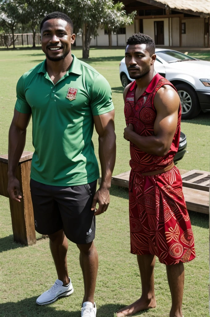 Indonesian men with muscular bodies , shirtless, ping boxer shorts, standing pose wearing flip flops, in the countryside in front of the house, many banana trees, head.bald, the lump in the pants looks very big, smiling expression.