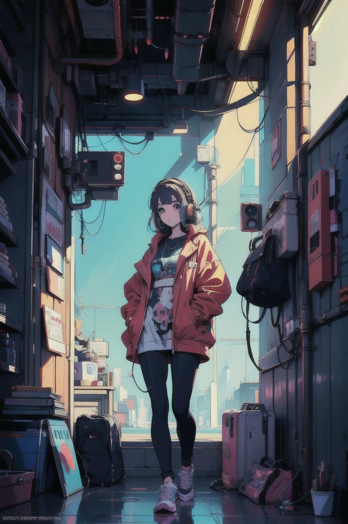 Anime girl wearing headphones and looking out the window, Digital anime illustration, Lofi Artstyle, Anime Style 4 k, Anime Styled digital art, Digital anime art, Anime Style. 8K, Anime Style artwork, detailed Digital anime art, Lo-fi Girl, Lofi Art, Gweiz-style artwork, Background artwork, Digital Cyberpunk Anime Art