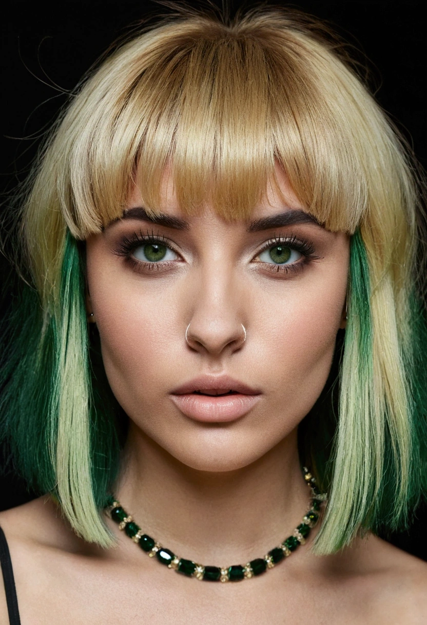 Hair with bangs and blonde on the shoulder with 5 black strands dark green eyes nose piercing with line out 