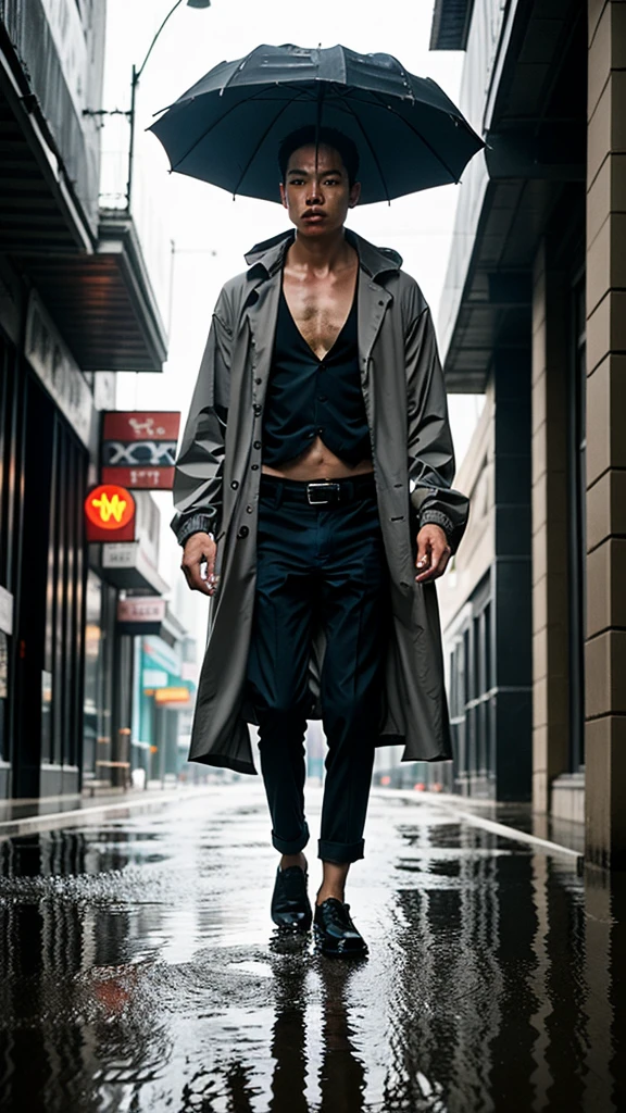 realistic, masterpiece, intricate details, detailed background, depth of field, photo of a handsome (finnish man), w4x4rmor, wearing wax hoodie, (dynamic pose), fighting stance, fantasy background, cinematic composition, covered in white liquid, pectorals, thighs, portrait, city street, pants, from side,
