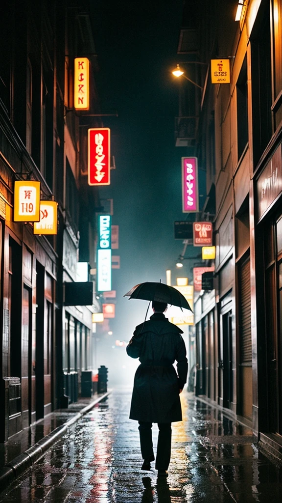 The movie scene features a headless Thai man walking in a dimly lit, wet street amidst a 1960s noir atmosphere. Men are expected to show off the charm and style of the era, dressed in (shirts) Brown Raincoat), the streets should be bathed in neon lights, creating stunning shadows and reflections on the wet pavement, capturing the atmosphere of mystery and intrigue that was characteristic of film noir of the era, (Color muted:1.5), fog, (night), large breasts, belly, nipples, shirtless, realistic, masterpiece, intricate details, detailed background, depth of field,