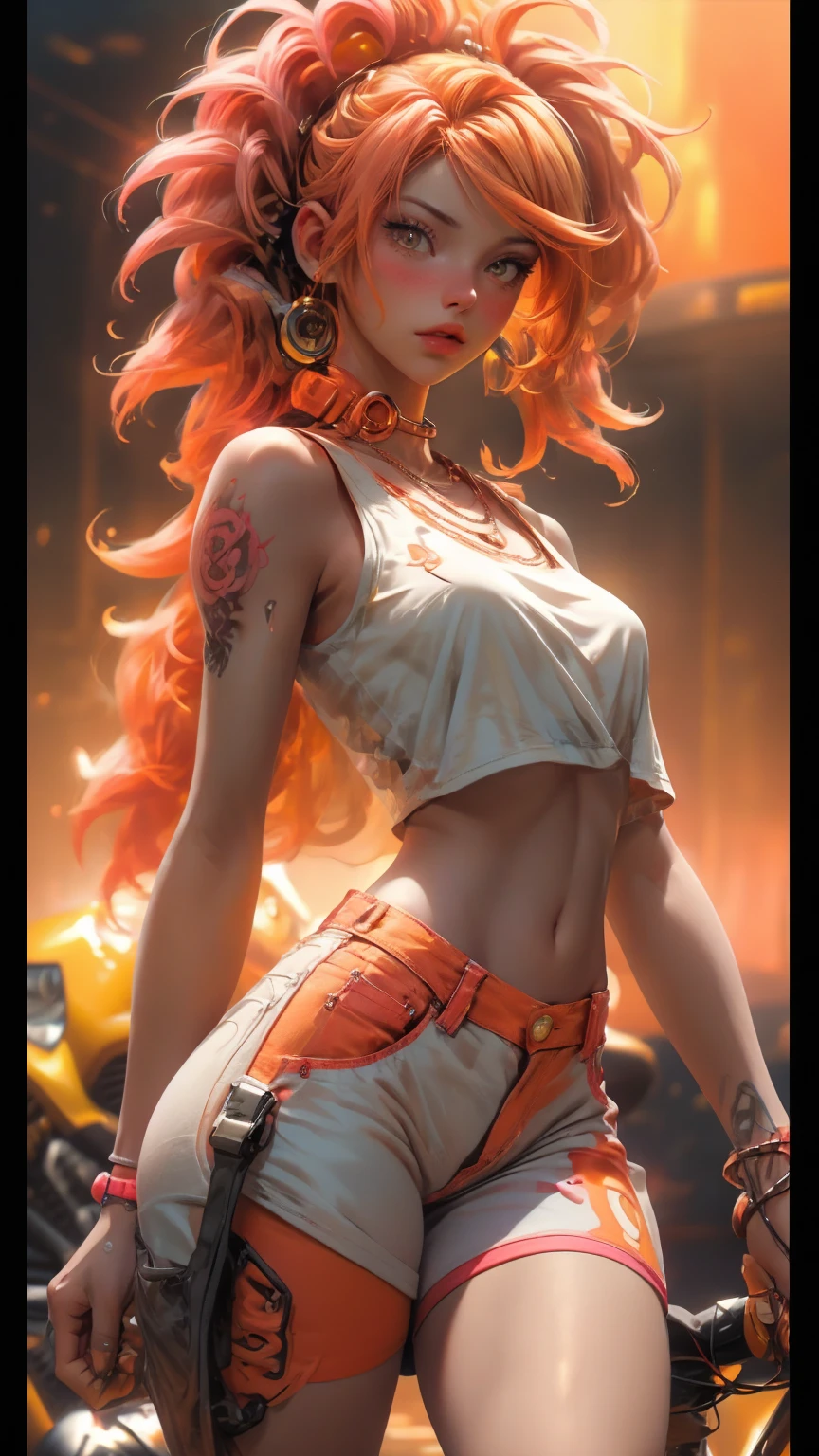 a woman stoya-30000 in a white top and pink shorts is standing next to a bike with a yellow background and, by Quentin Tarantino, 1girl, bracelet, (red colored hair)), jewelry, letterboxed, lips, long_hair, makeup, medium_breasts, midriff, nail_polish, navel, necklace, nose, orange_sky, pink_shorts, realistic, shorts, solo, sun, sunset, tattoo,wristband, yellow_background, yellow_sky, beautiful detailed glow, detailed, Cinematic light, intricate detail, highres, detailed facial features, high detail, sharp focus, smooth, aesthetic, extremely detailed, stamp, octane render,((