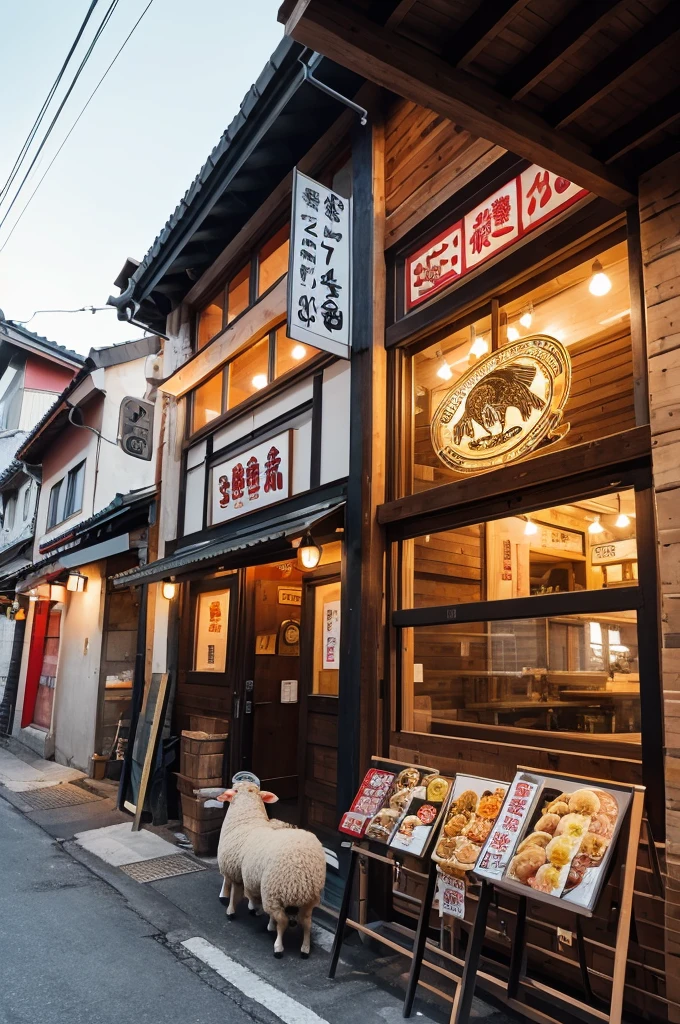 Illustration of a ramen shop with a sheep and eagle motif