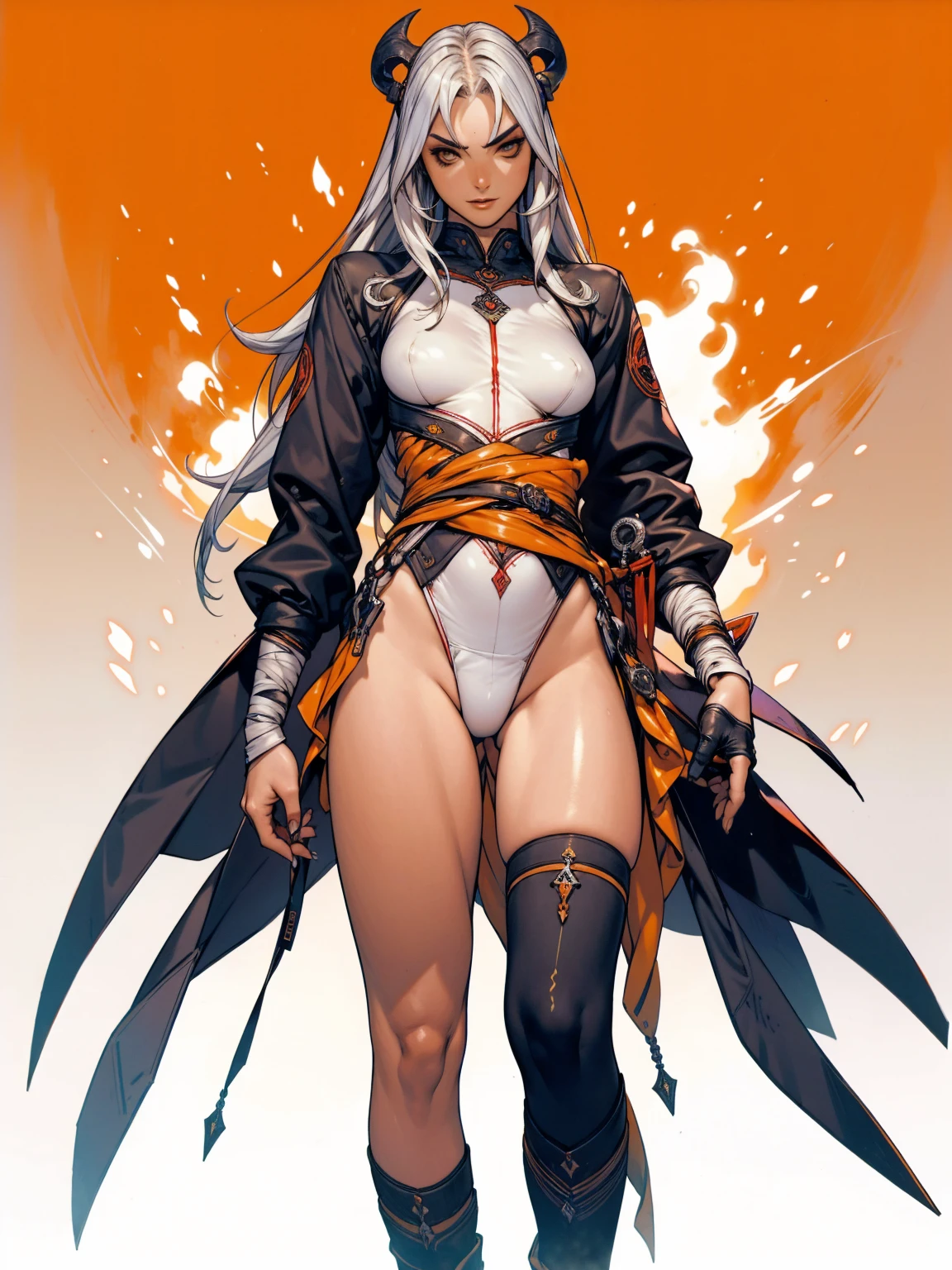 (((urban game wear))), ((( black blue and yellow suit ))), (((Bandaged body))), ((high collar)), (((corpo fitness))), (((best qualityer: 1.4))), (Unbeatable masterpiece), (hiper HD),(CG 8k hyper-realistic), (((brave face))), (((breasts small))), (((hyper feminine))), sexly girl, sucubus,((long curly hair)), ((( sculptural body ))), (((1 girl))), 15 year old cyber girl with perfect body,,Beautiful and well-groomed face,muscular body:1.2,solid color detailed jacket, (Head to thigh photos), complex outfit with graphic flames, (((standing alone))), violent brat, ((())), sexly, pose de atitude, Create a cool character for a gacha game based on the game Zenless Zone Zero, female character in devil clothes in warm colors, S-level fire elemental character, devil horns and tail, beautiful and cute face, nymph body, lolly, haughty, devilish smile, wielding a serrated sword, pose de atitude, aggressive movements, Shark teeth, fully body