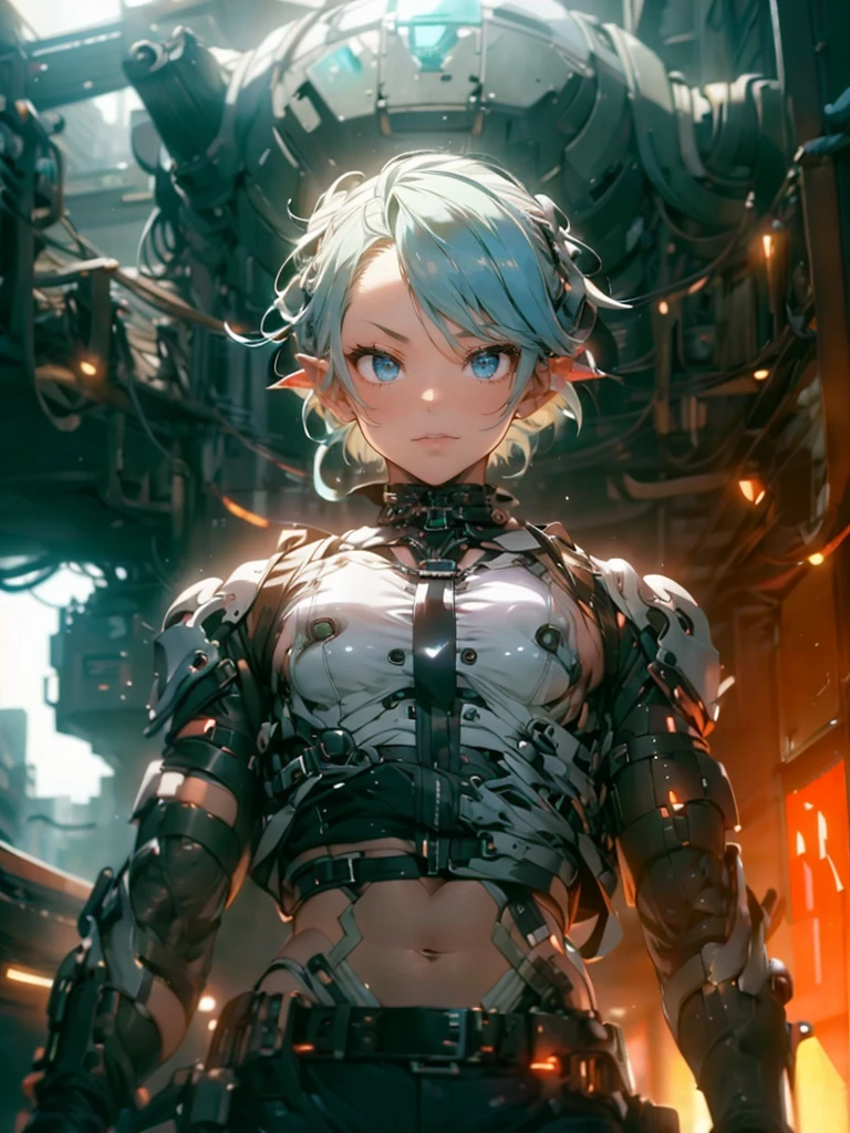 Femboy, cyberpunk style, blue hair, blue eyes, 1boy, elf ears, without , six pack abs, cute face