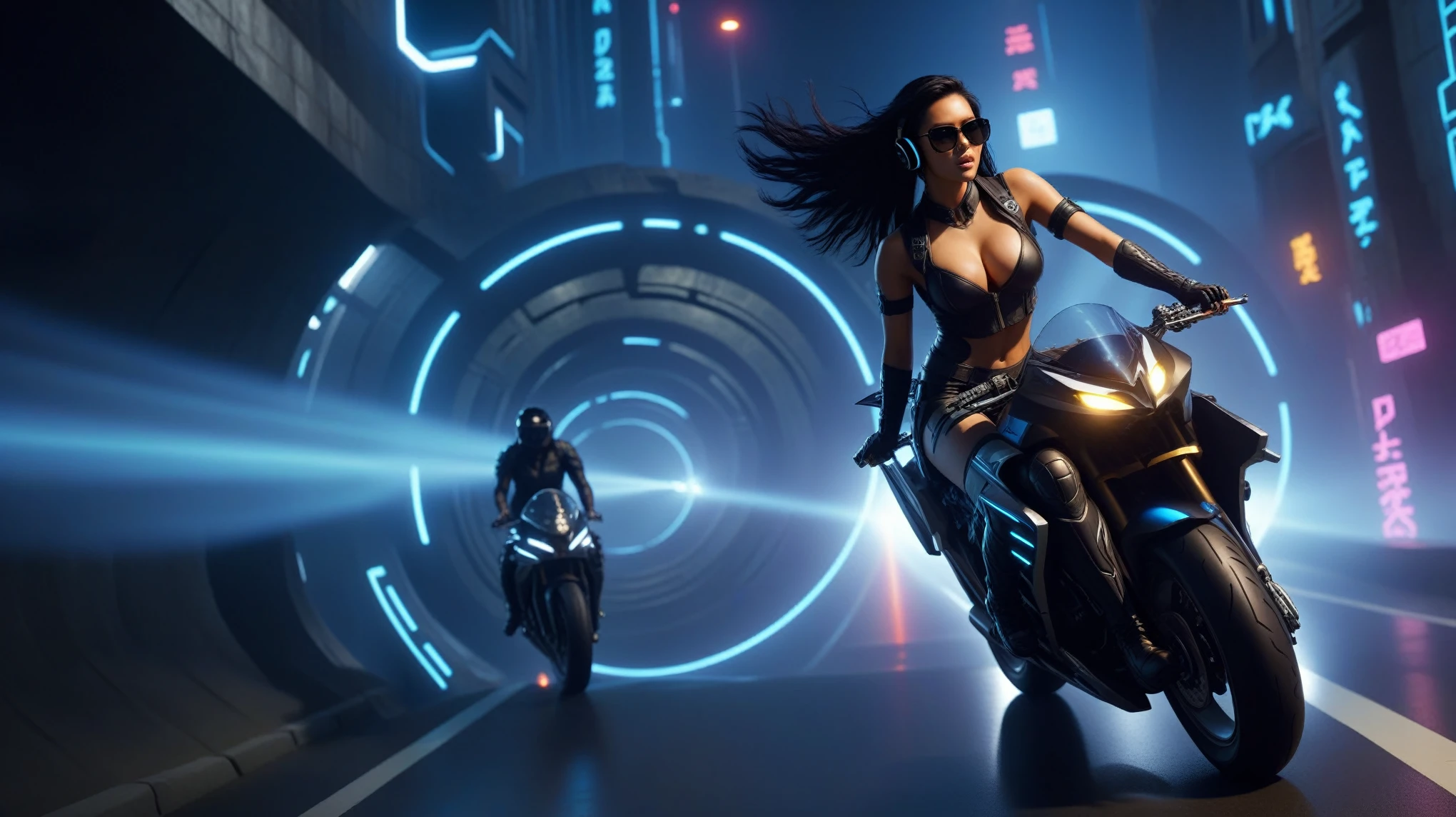 C7b3rp0nkStyle, dark night, prehistoric maze mysterial park, moai statue, waterfall, eagle, cyberpunk, sci-fi, futuristic, tech. (((((1girl, solo, alone, superbiker, close-up superbike shot))))), medium-:1.1 slim body, cleava clothes, adphone, black sunglasses, long black realistic hair), (((superbike riding and holding pistol poses))), half-body thigh level medium shot, cinematic lighting, lens flare, ray tracing.