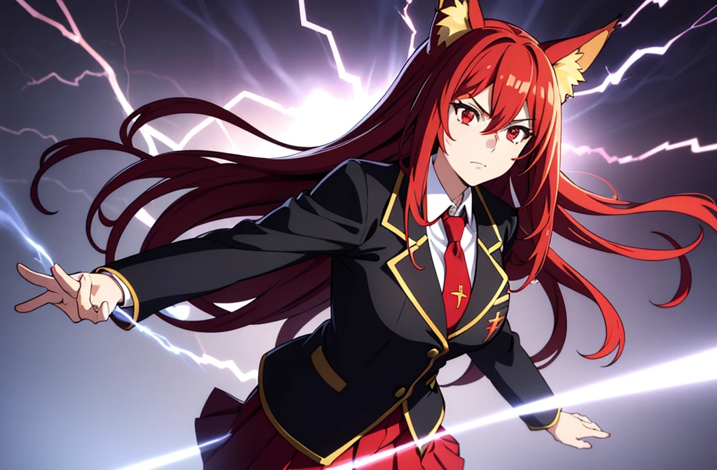 ((beautiful face)),1girl ,20s,mature female,solo,(red hair),long hair,red eyes,fox ears.serious,necktie,black jacket, blazer,long sleeves,pleated skirt,hair between eyes, wide shot, (Super big lightning shines:1.2)