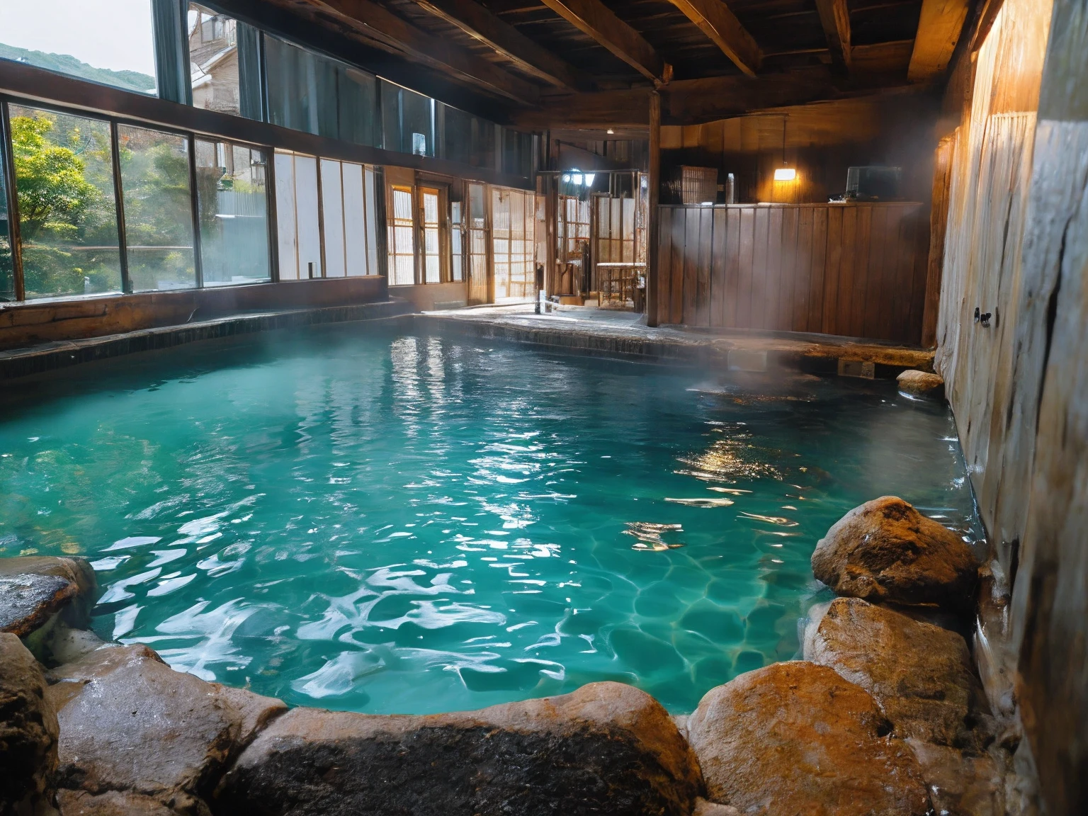 Wide Shot, Realistic onsen
