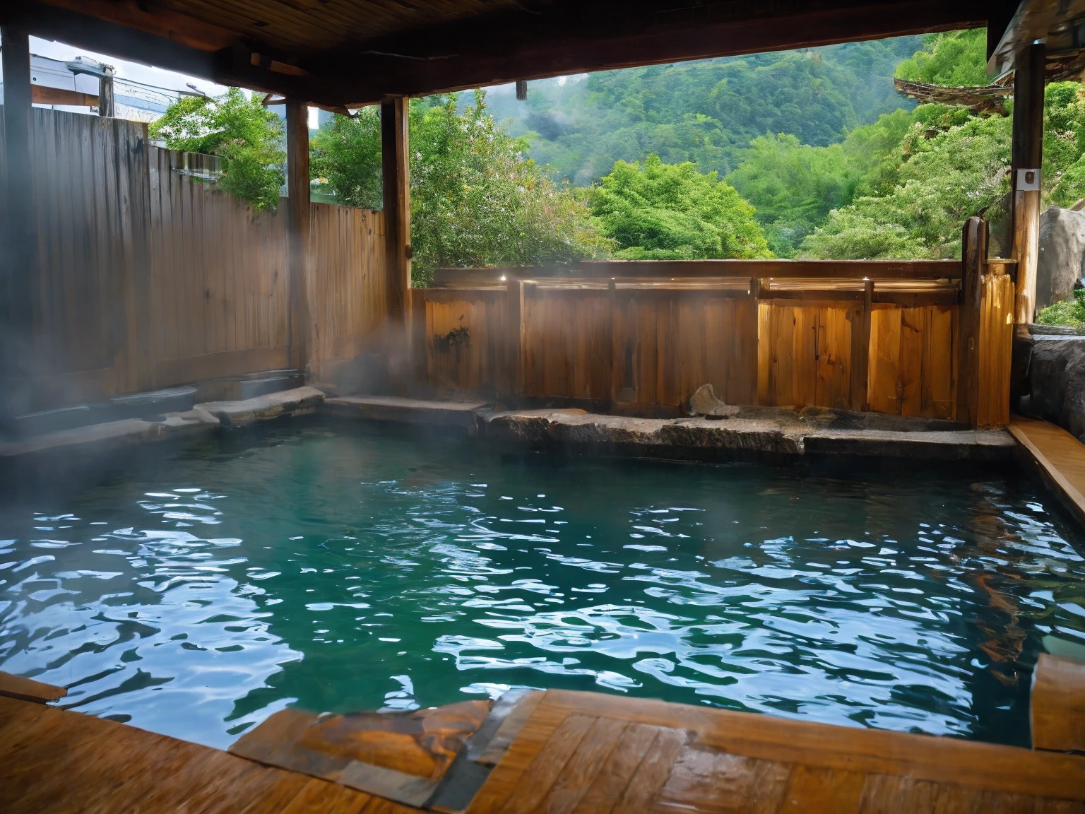 Wide Shot, Realistic onsen
