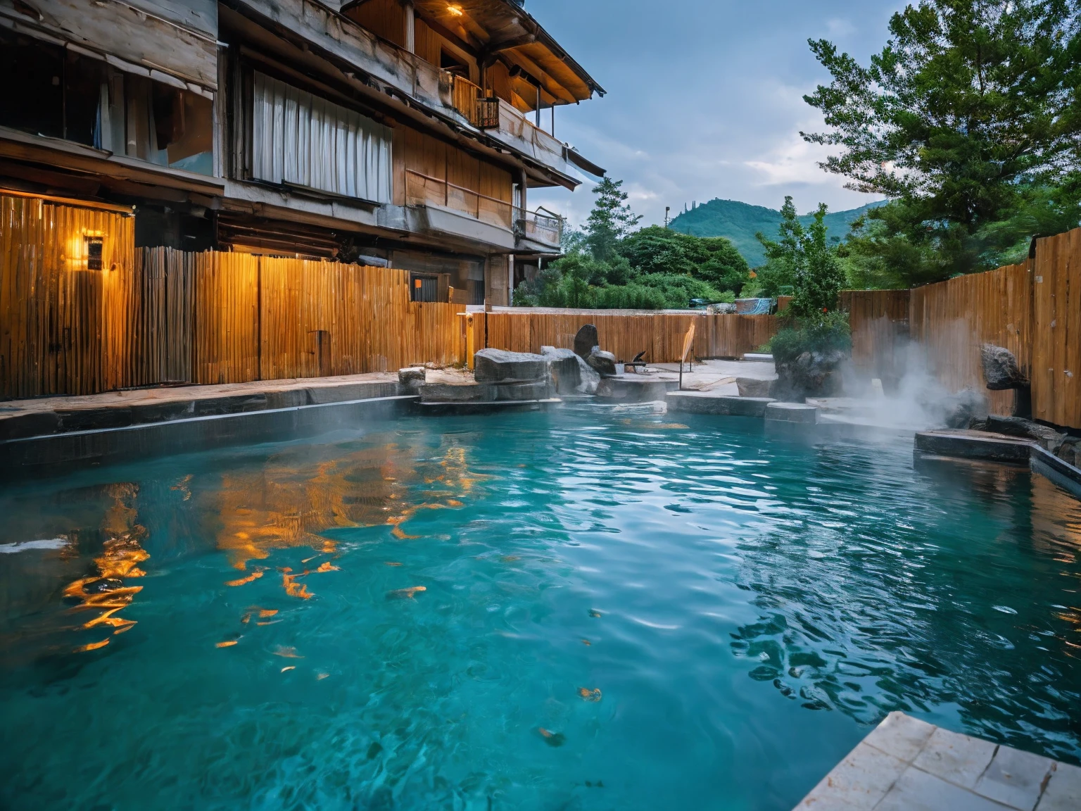 Wide Shot, Realistic onsen
