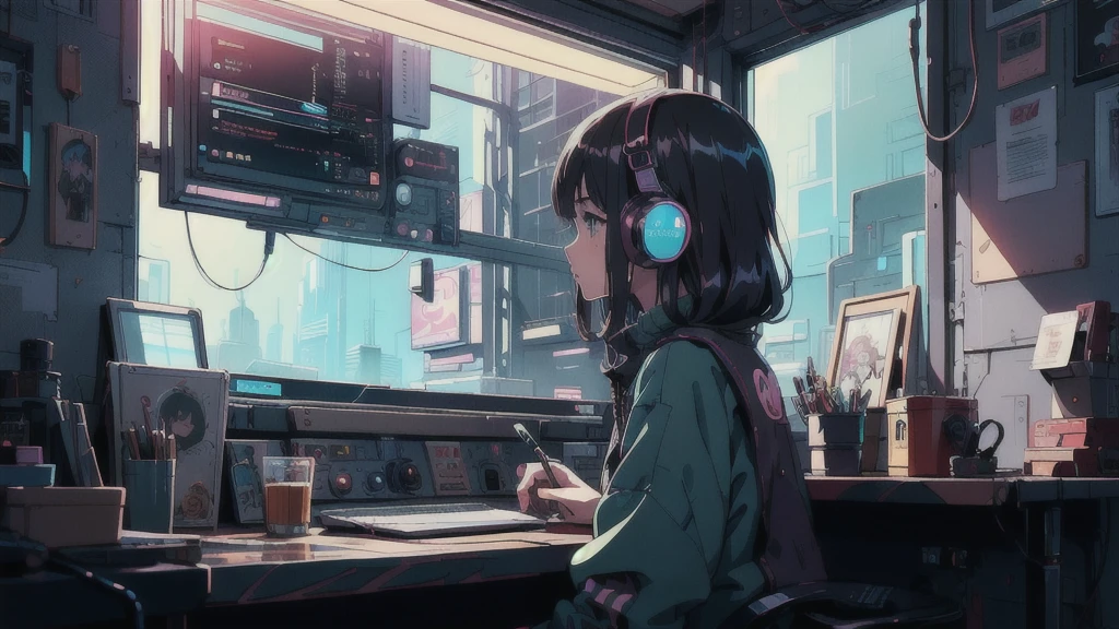 Anime girl wearing headphones and looking out the window, Digital anime illustration, Lofi Artstyle, Anime Style 4 k, Anime Styled digital art, Digital anime art, Anime Style. 8K, Anime Style artwork, detailed Digital anime art, Lo-fi Girl, Lofi Art, Gweiz-style artwork, Background artwork, Digital Cyberpunk Anime Art