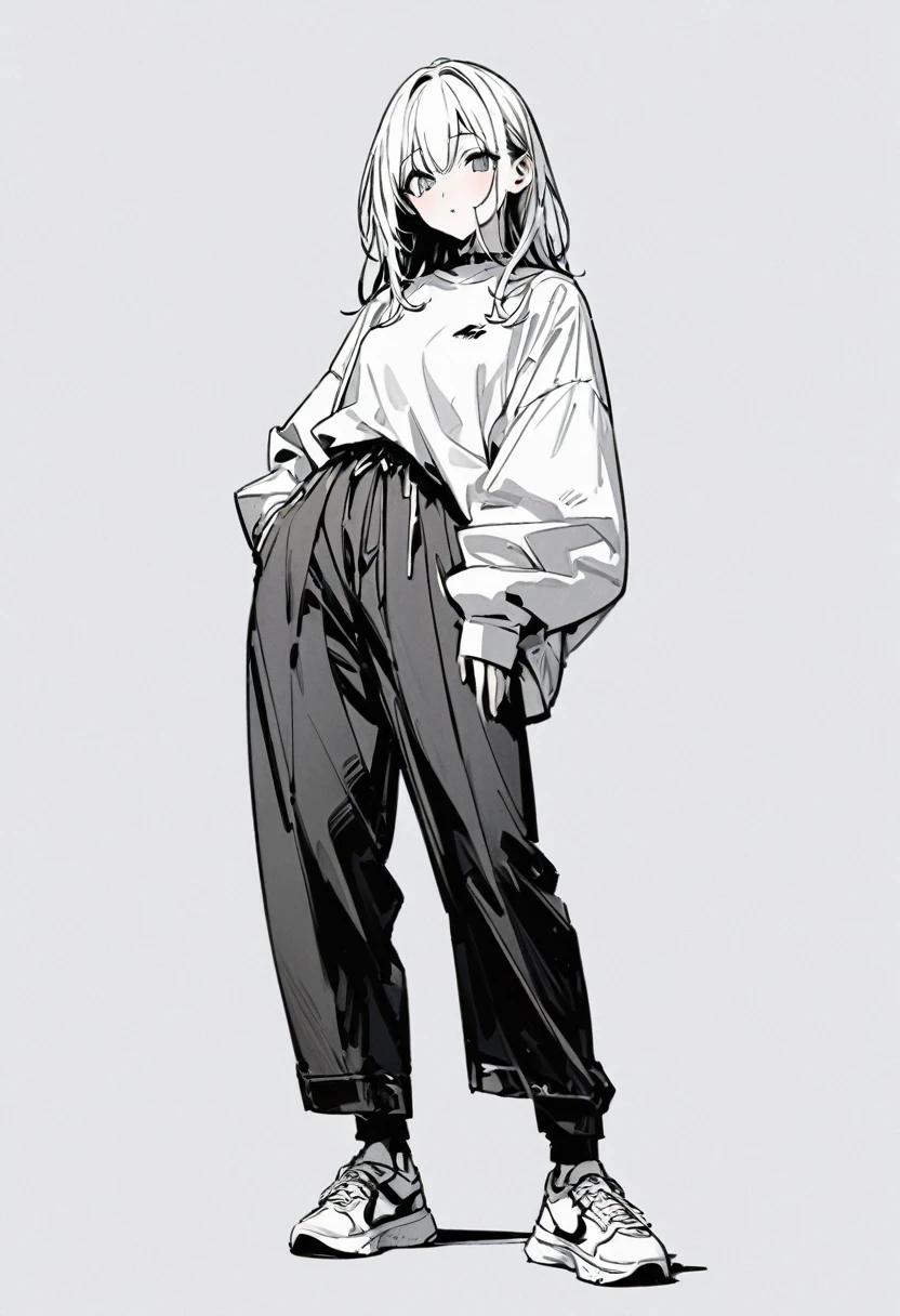 (masterpiece、Highest quality:1.2、8K)、Only one girl in the center、shirt、Wide-leg trousers、Simple single-color sneakers、whole body、Simple Background、White background、