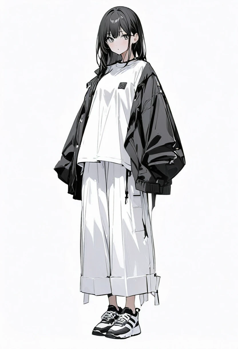 (masterpiece、Highest quality:1.2、8K)、Only one girl in the center、shirt、Wide-leg trousers、Simple single-color sneakers、whole body、Simple Background、White background、