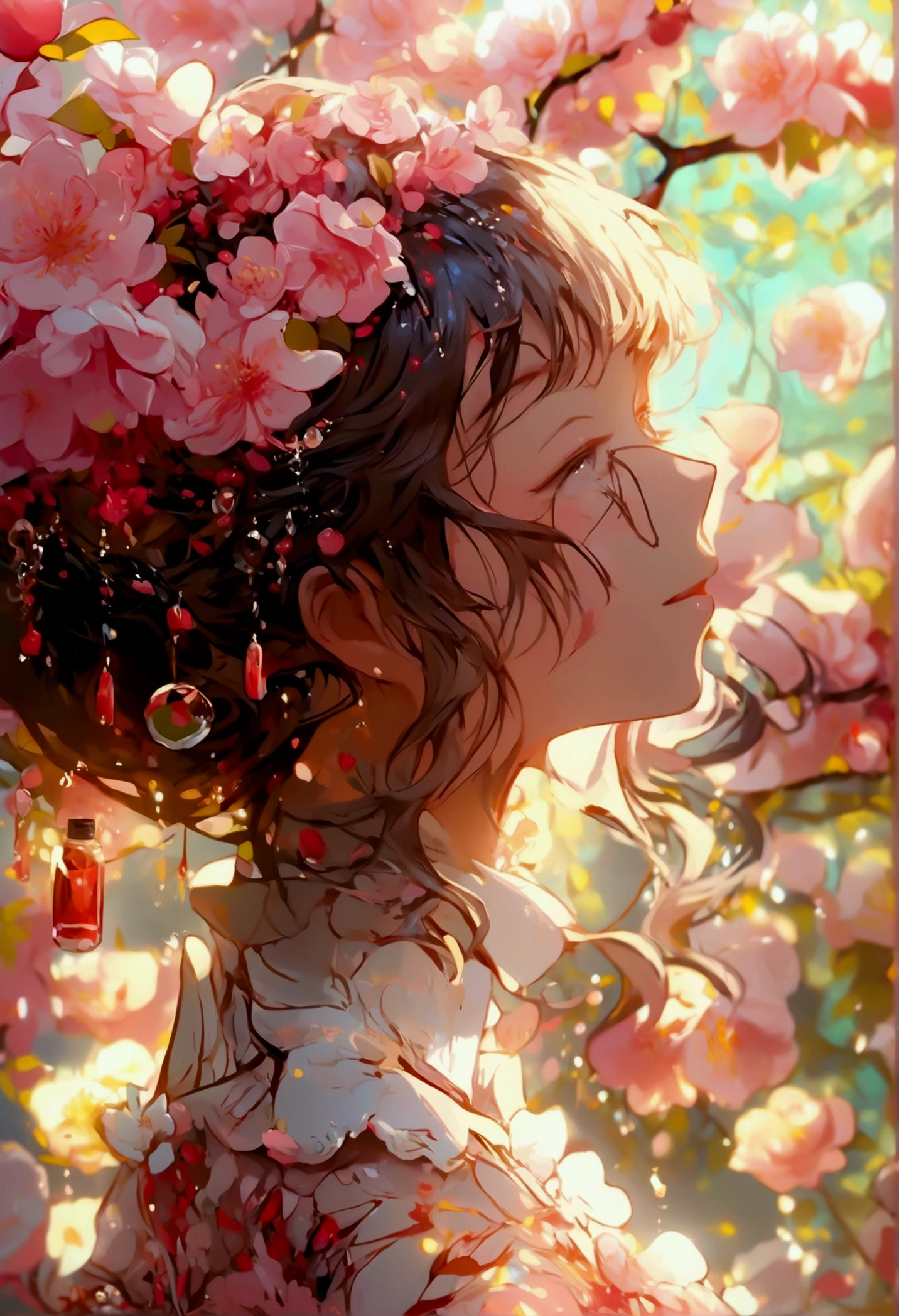 wallpaper hd, Flower art, Rose, Blooms in spring, Cherry blossoms, Photo, kawaii, Cute anime, Girl, Light magenta and light crimson style, angura kei, sparkling water reflections, Rococo portrait, ethereal trees, Univalent, les nabis,serenidade,Dreamy,16k
