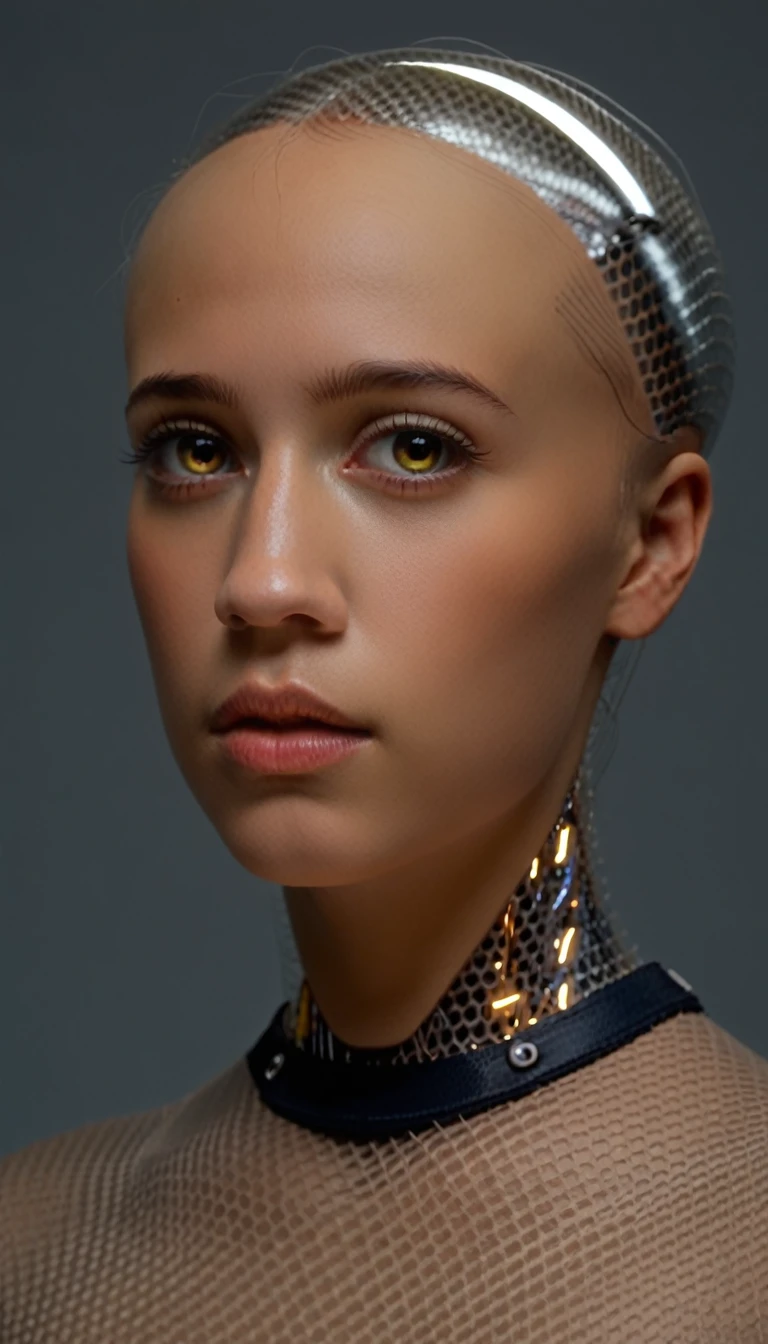 Front view of a beautiful cyborg android woman, portrait, transparent skin, looking directly at the viewer, (best quality,4k,8k,highres,masterpiece:1.2),ultra-detailed,(realistic,photorealistic,photo-realistic:1.37),hyper detailed face,extremely detailed eyes and face,longeyelashes,beautiful detailed lips,beautiful detailed eyes,intricate cyberpunk style, cinematic lighting, vivid colors, volumetric lighting, dramatic shadows, moody atmosphere, futuristic, sci-fi, digital art