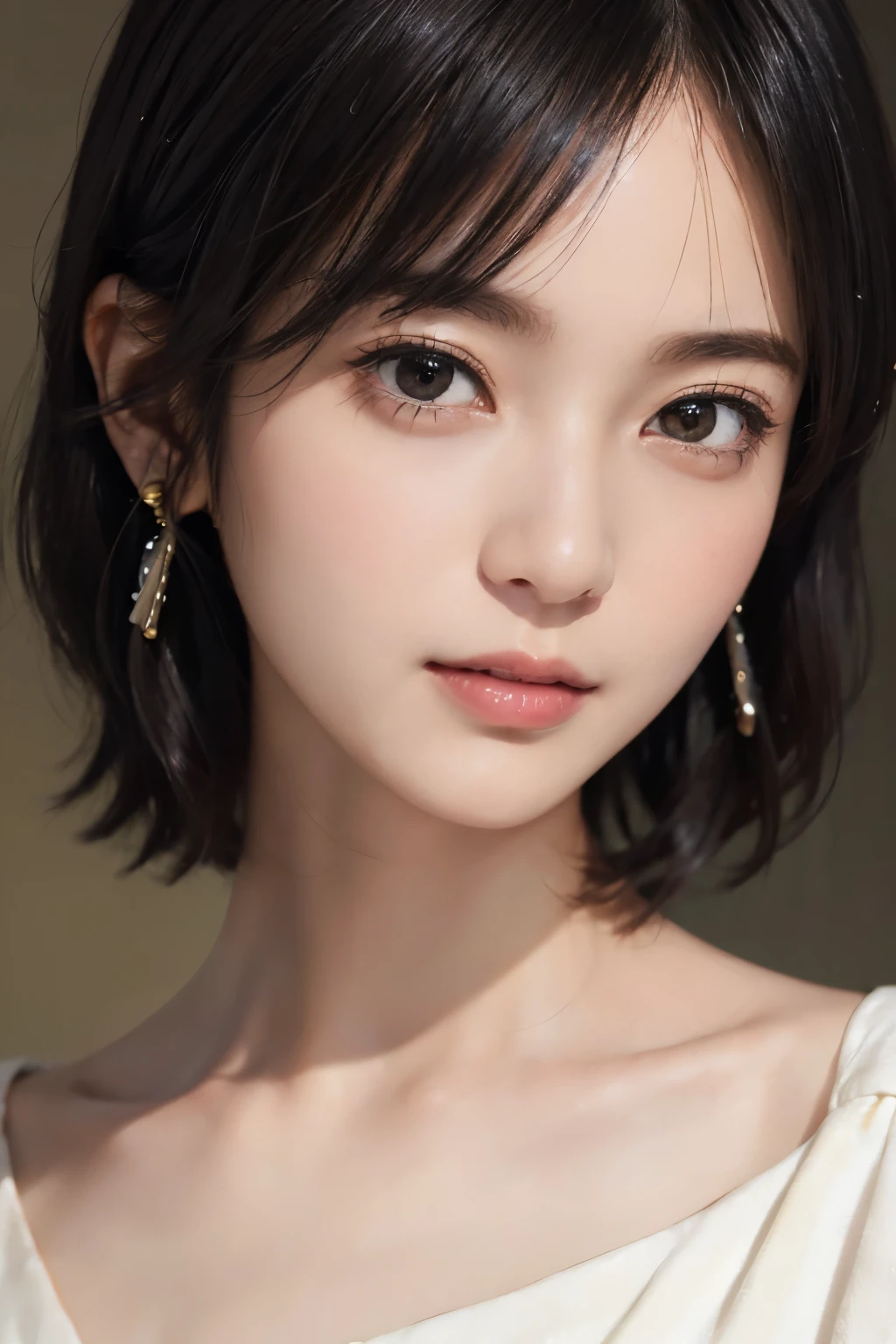 (((Black Short Hair))), (Louvre Museum), Seductive pose, Background is grassland、Image from chest up:1.6)、Close-up portrait of a woman wearing a white off-the-shoulder top dress and earrings, Soft portrait shot 8k, Nice delicate face, High-quality 4K portraits, High-quality portraits, Soft, perfect, pale skin, 8K Highly Detailed Face, なbeautiful繊細な顔, beautiful光の大きな目, Beautiful and realistic face, beautiful14Old woman, Beautiful and realistic face, cute14Old woman
