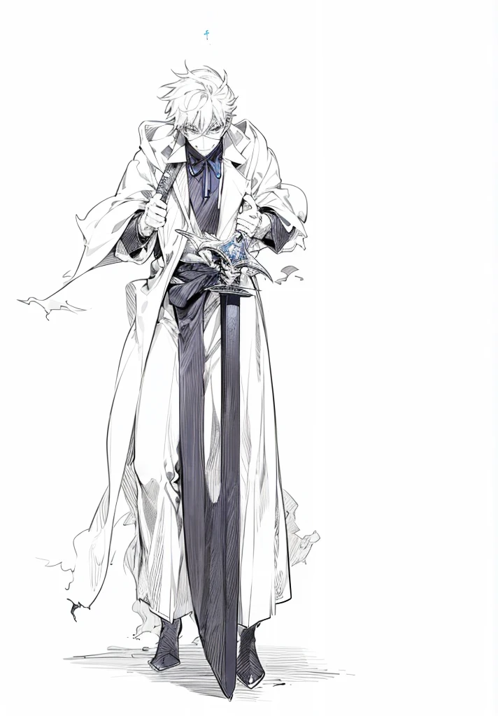 In Yusuke Murata style, Hold the pose, but draw with flat colors, cel shading, limited color palette and simplified lighting. Draw for me, um shinigami, with a sword, He wears a white mask with a drawing of a grim reaper, in the middle of his chest there is a hole, your skin is white your clothes are old and torn.