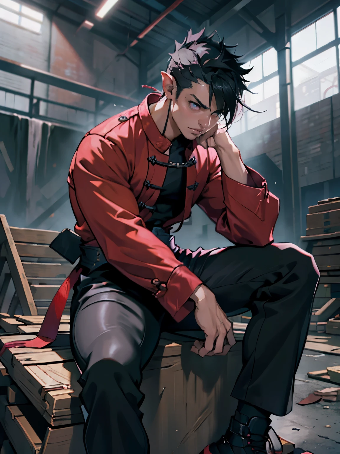 Pointy ears, Muscular man, defined body, developed body, kung fu fighter, red blouse with buttons, long black pants of black color, black belt at the waist, spiky hair, short hair of black color (hair with pink locks at the ends), wrestler's shoes, look of tiredness, sitting on the burdens of an old warehouse, abandoned warehouse of the interior, medieval setting.