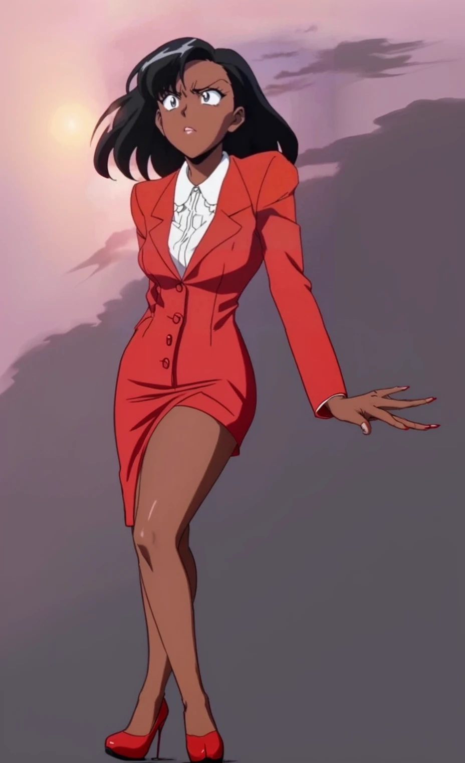 90s anime Evil black skinned business woman in a red suit and knee long red skirt and red heels