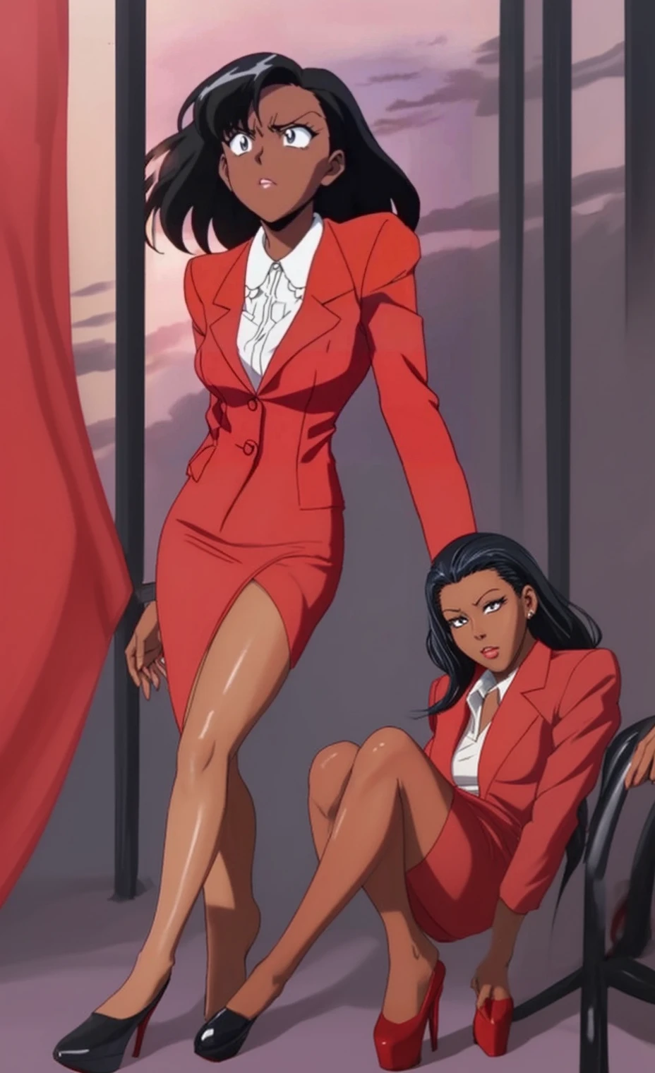 90s anime Evil black skinned business woman in a red suit and knee long red skirt and red heels