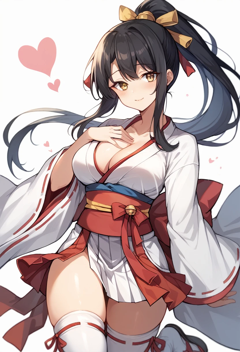 1girl, solo, long hair, breasts, looking at viewer, blush, smile, bangs, skirt, large breasts, simple background, black hair, hair ornament, thighhighs, long sleeves, white background, brown eyes, closed mouth, collarbone, yellow eyes, ponytail, heart, sidelocks, thighs, japanese clothes, wide sleeves, kimono, white thighhighs, zettai ryouiki, sash, obi, high ponytail, hand on own chest, ribbon trim, hakama, hakama skirt, white kimono, miko, hakama short skirt