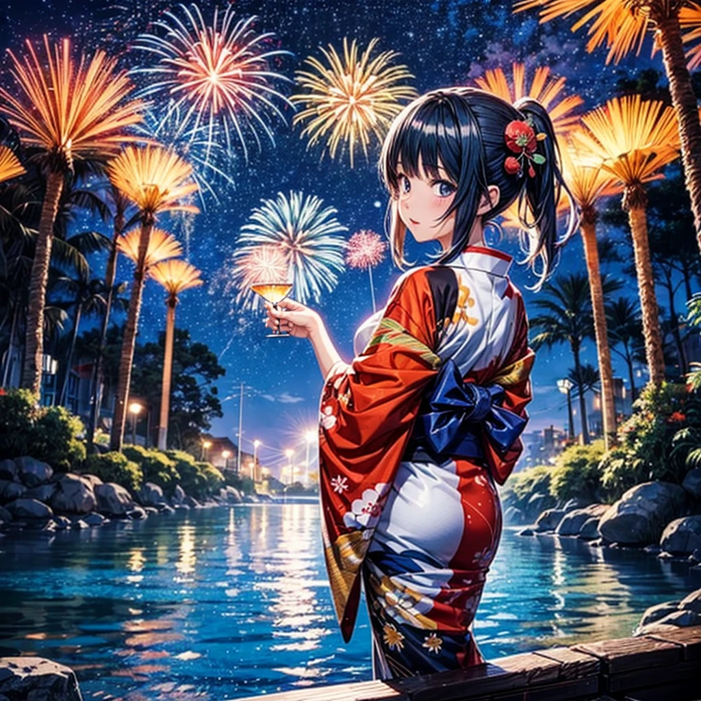 Microphotography, Anime girl made of glass in kimono silhouette, vibrant rainbow river, fireworks in night sky, colorful coral reefs, detailed illustration, Ukiyo-e style