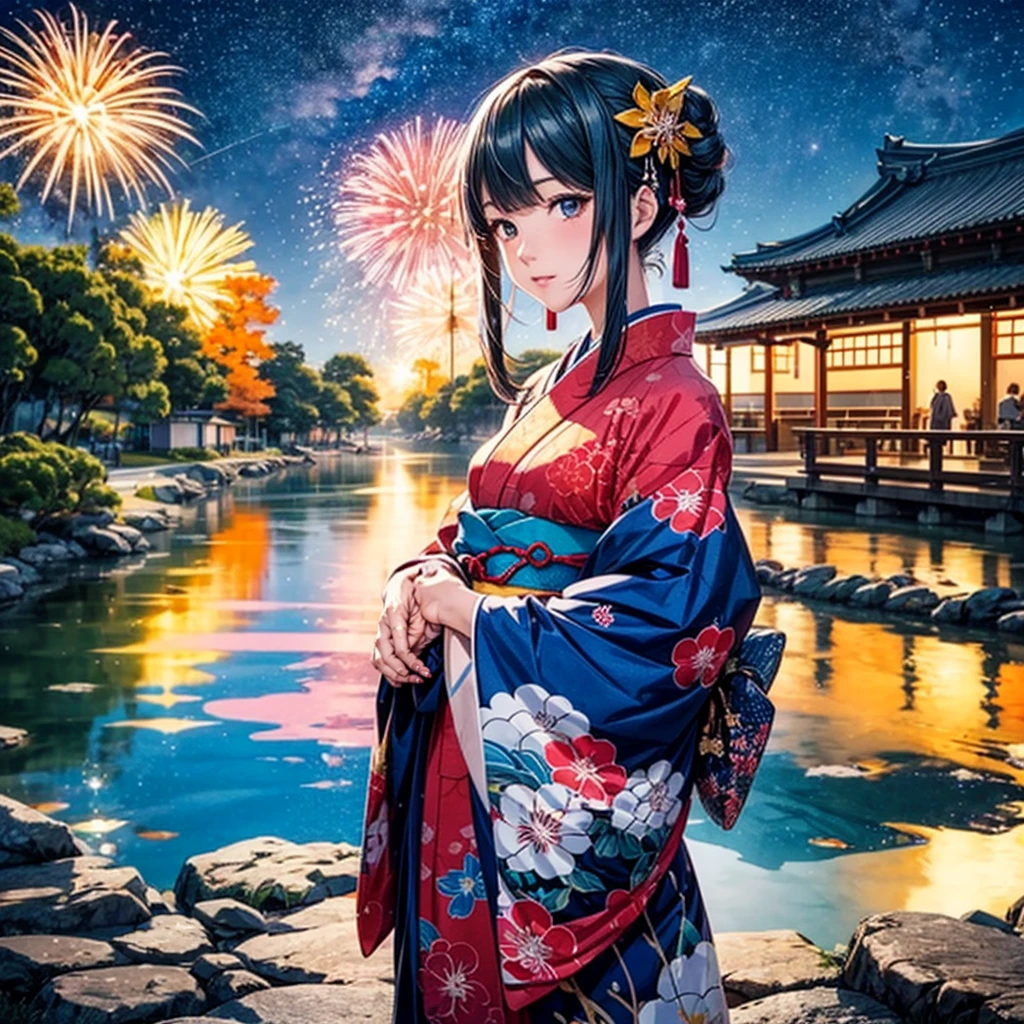 Microphotography, Anime girl made of glass in kimono silhouette, vibrant rainbow river, fireworks in night sky, colorful coral reefs, detailed illustration, Ukiyo-e style 