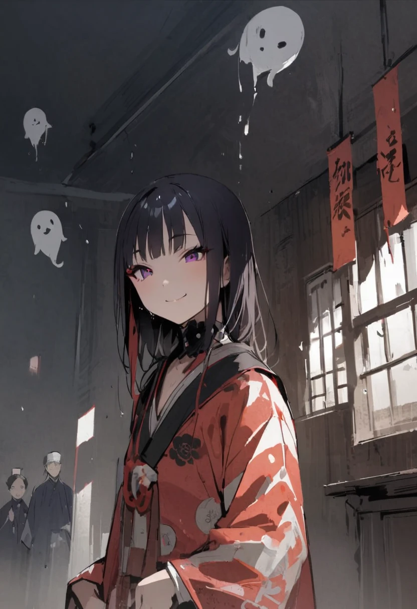 In a haunted house、Shuten Doji、ghost、Girl、Girl、Short、Younger、、Dynamic Angle、masterpiece、best quality、ultra-detail、night、smile、Iron club、knife、Heian-kyo、The capital of Kyoto、Eat flesh and blood、 Violence、Alcohol is my favorite
