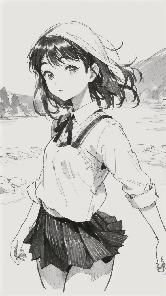 One Girl,Line art,Monochrome,sketch,Pencil drawing,Traditional Media,One Girl, skirt,Cute Teenage Girls, ,Beautiful portrait、Delicate body、Black Hair、Black Hair,landscape,Dynamic pose,